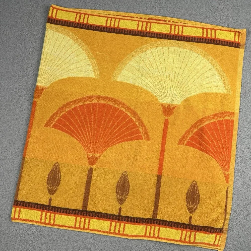 Vtg Core d’Azur Beach Towel Retro Palm Fan Leaf Egyptian Orange Yellow 29x52”